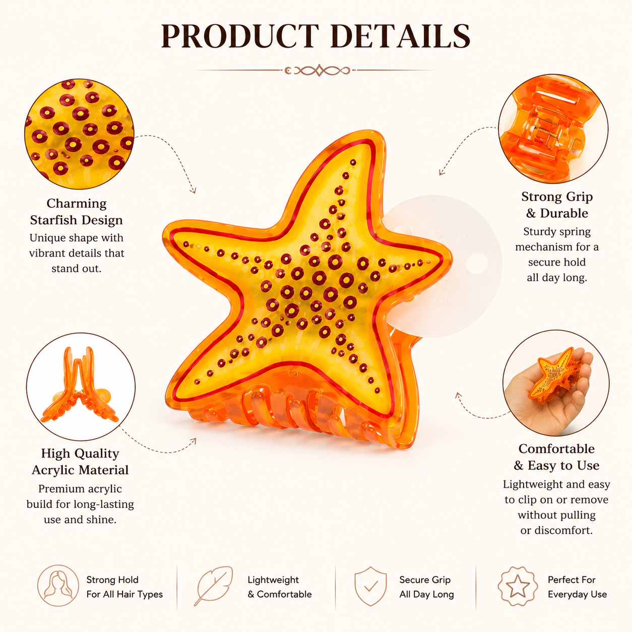 Vibrant Starfish Hair Claw Clip with Glossy Finish and Strong Hold